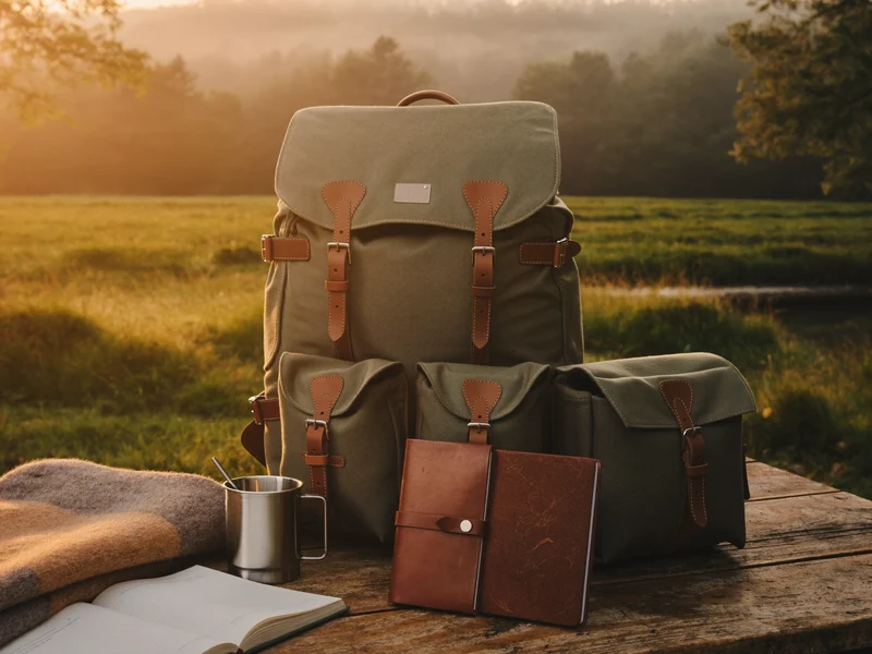Morgenstimmung am Waldrand: gepackter Rucksack und Reisezubehör auf einem Holztisch